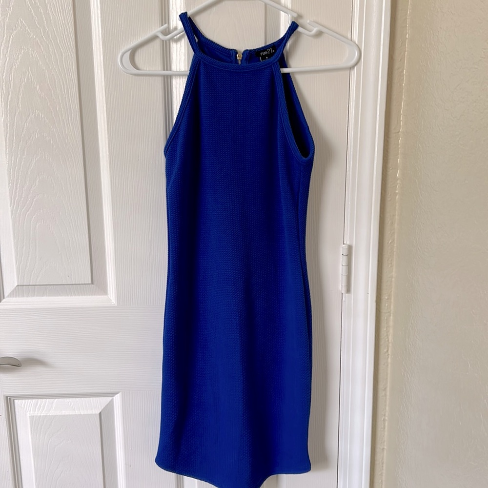 Rue 21, royal blue tight dress with gold zipper on back, size small, never worn